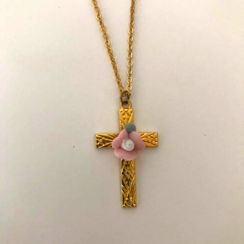 Vintage Gold Cross and Chain with Pink Rose